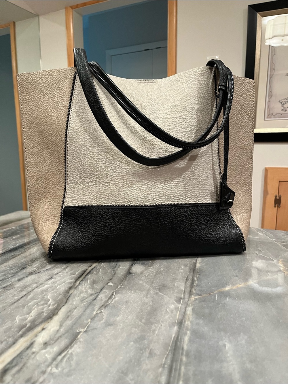 Botkier Two-Tone Black, Cream & Tan Pebbled Leather Tote